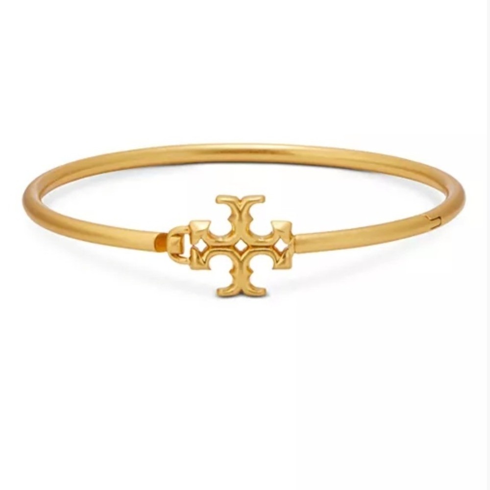 Tory Burch Kira Logo Bangle Bracelet Gold Tone Brass Double T Hinge Hook Closure
